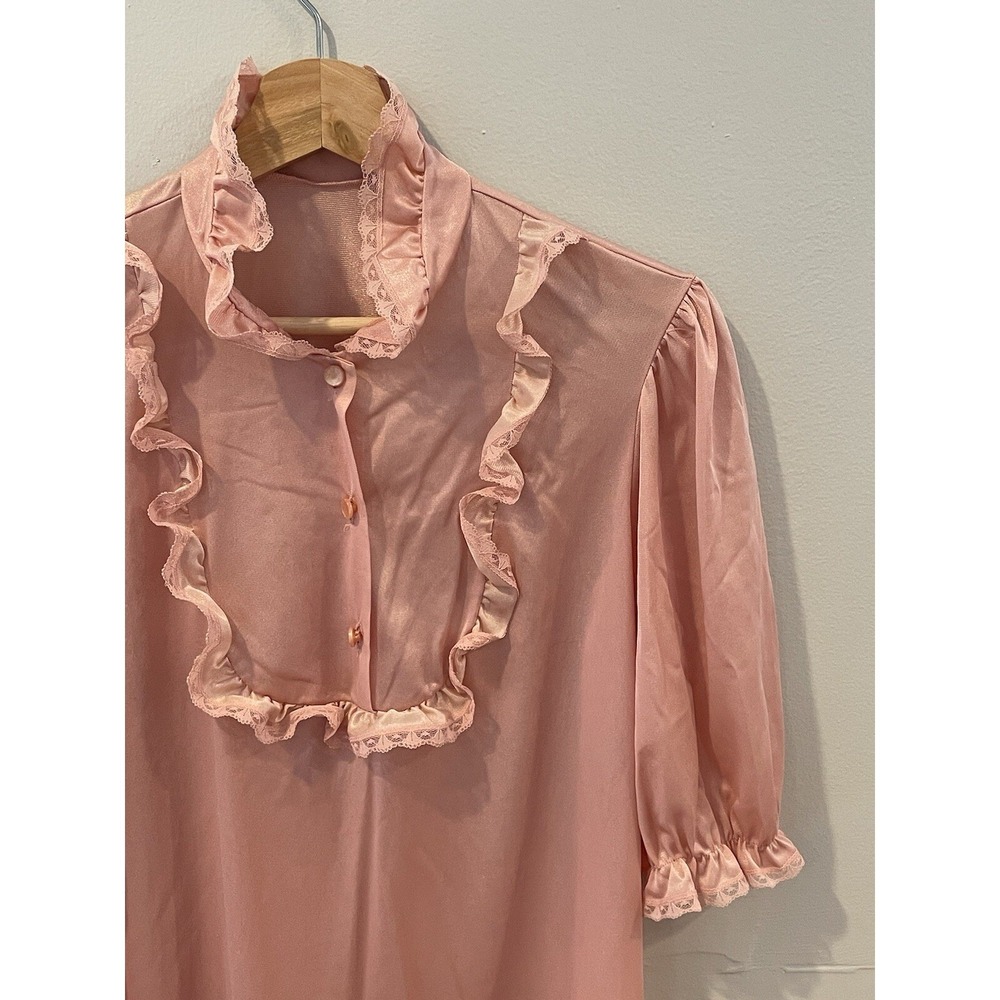 Vintage Sears Nightgown Women's‎ Medium Short Pink Rose Nylon Satin Ruffle Trim
